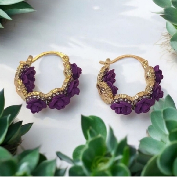 Purple Rose Hoop Earrings - Picture 9 of 10